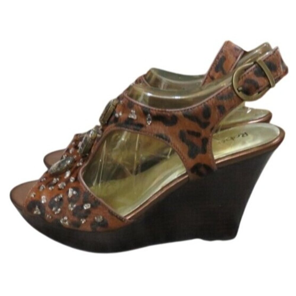 Reba McEntire Cheetah Print Embellished vegan leather wedges Espadrilles 7.5